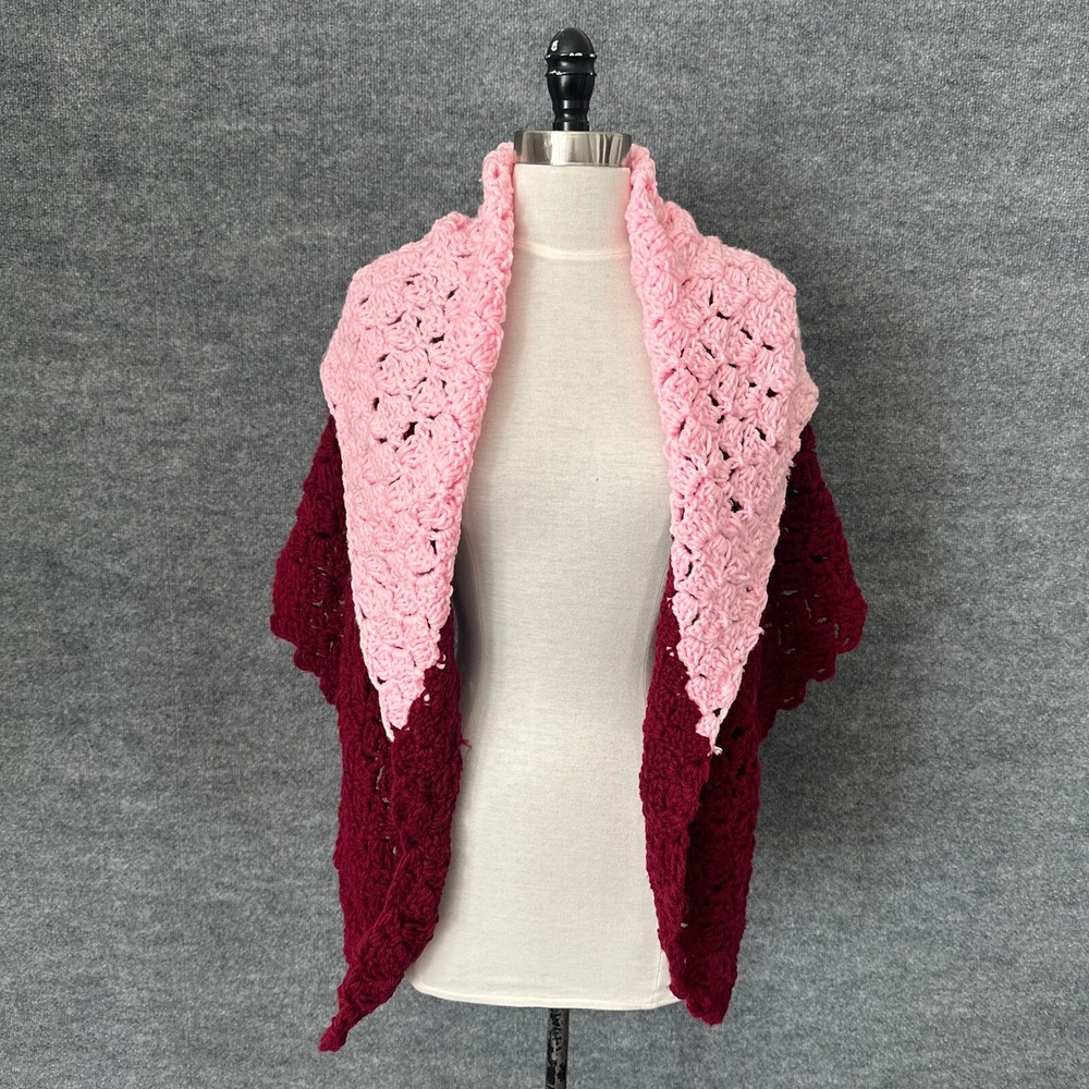 Granny Crochet Shawl Womens One Size Pink Burgundy Knitted Cottage Sweater Wrap